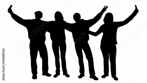 Silhouette of four people with arms raised posing for a selfie in black and white photography style | eps vectors