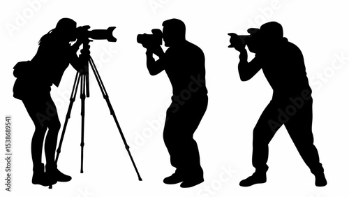 Silhouette depiction of three photographers taking pictures with cameras in various stances and equipment | eps vectors