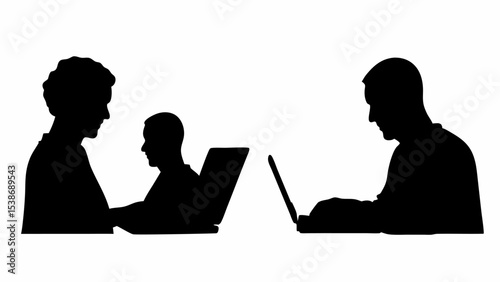 Silhouettes of three people working on laptops in a row against a white background in a simple design | eps vectors