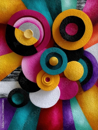 Colorful Geometric Felt Circles Art Composition with Bright Stripes and Overlapping Textures