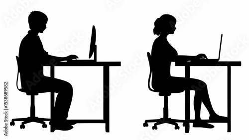 Silhouetted figures working at desks with computers in a minimalist black and white illustration style | eps vectors
