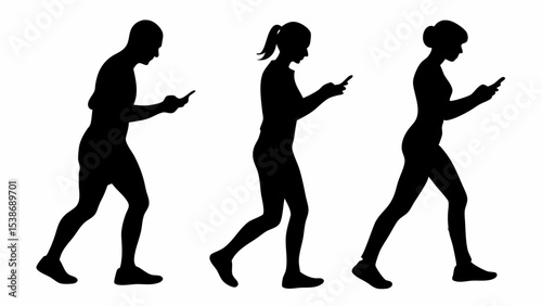 Silhouettes of three people walking and looking at their phones in a black and white illustration | eps vectors