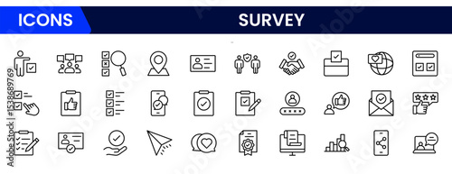 Precise vector web line icons depicting surveys, questionnaires, feedback, data collection, and analytics for insightful decision-making and user engagement.