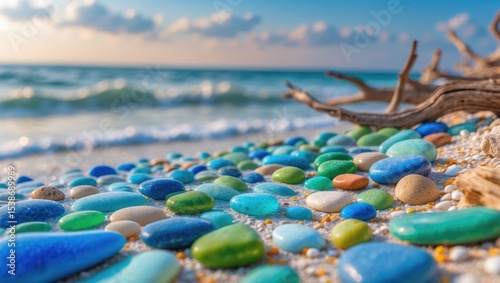 Fototapeta Naklejka Na Ścianę i Meble -  Vibrant small pebbles along the seaside shoreline