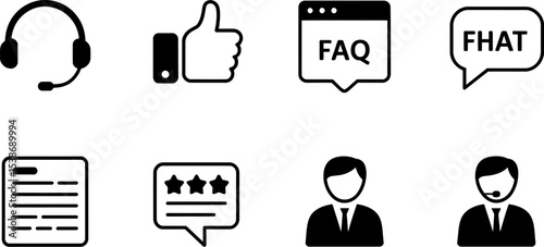 Customer service support faq fhat headset like review agent communication assistance online help center 247 editable stock vector illustration