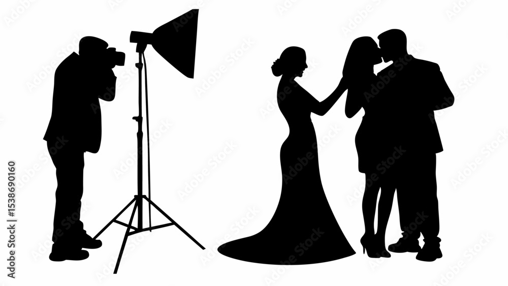 Silhouette of a photographer taking pictures of a couple with studio lighting equipment setup nearby | eps vectors