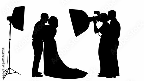 Silhouette of a couple posing for a photographer with studio lights during a photoshoot session | eps vectors