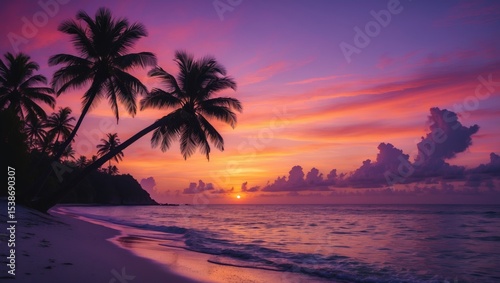Fototapeta Naklejka Na Ścianę i Meble -  Vibrant evening sky showcasing a silhouette of a coconut palm on a serene island shoreline with tranquil waters