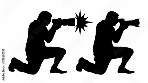 Two photographers kneeling with cameras taking pictures in black silhouette against white background image | eps vectors