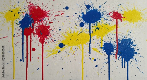 Abstract paint splatter art in vibrant primary colors on a white canvas background