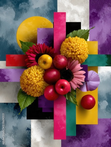 Bright and Colorful Fruit and Flower Arrangement with Geometric Background for Modern Decor
