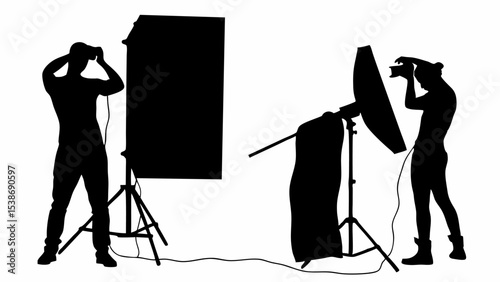 Silhouette of two photographers with studio lighting equipment in a photography session setting on white | eps vectors