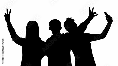 Silhouette of three people taking a selfie with peace signs and a phone against a white background | eps vectors