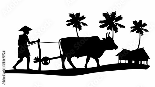 Silhouette of a farmer plowing a field with an ox near a hut and palm trees in black and white style | eps vectors