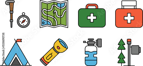 Camping hiking gear essentials vector illustration adventure nature equipment outdoor trek exploration trip editable stock vector illustration
