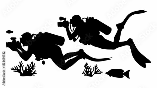 Silhouette of two scuba divers with cameras swimming underwater near coral and fish in the ocean water | eps vectors