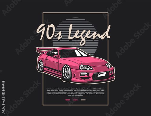 90s legend car image vector design with background and text idea