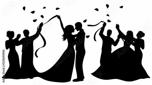 Silhouette of wedding celebration with bride groom and guests throwing petals and ribbons in black | eps vectors