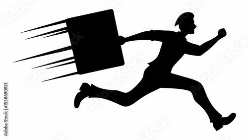 Silhouette of a man running with a briefcase with motion lines indicating speed and urgency shown | eps vectors