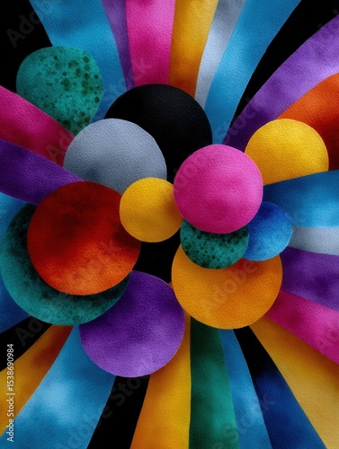 Colorful Abstract Composition with Textured Spheres and Dynamic Stripes on Black Background