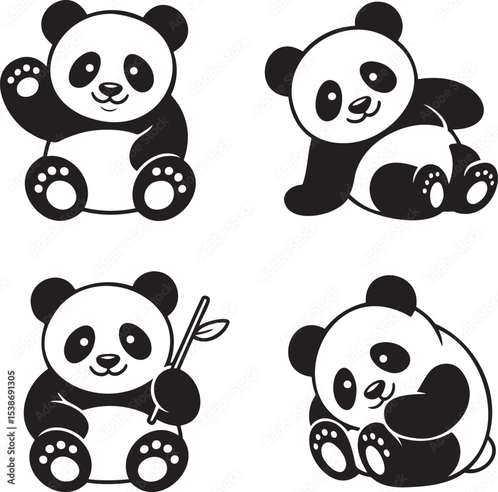 Obraz premium Panda silhouette set vector illustration isolated On Transparent Background