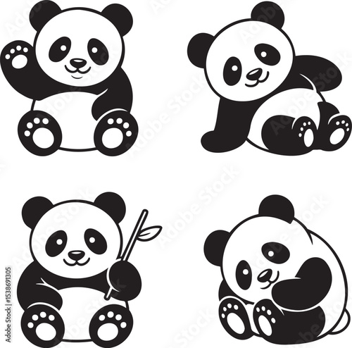 Panda silhouette set vector illustration isolated On Transparent Background