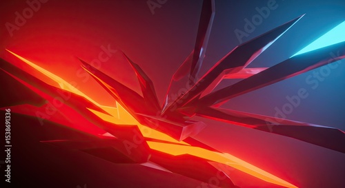 Abstract red and blue geometric shapes with dynamic lighting on dark background