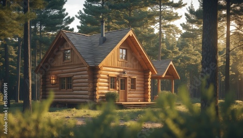 Vintage style of the forest warden's hut (forest lodge, small house of Forester) located in the old pinery (taiga, boreal forest).