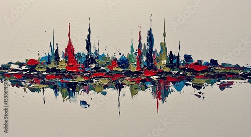 Abstract skyline cityscape painting with vibrant colors and expressive brushstrokes on paper