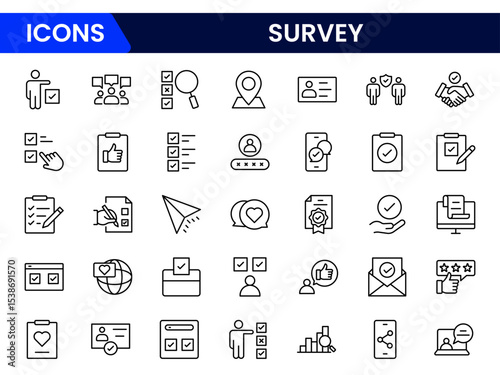 Precise vector web line icons depicting surveys, questionnaires, feedback, data collection, and analytics for insightful decision-making and user engagement.
