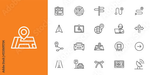 Gps and Navigation line icon set. Containing pin, flag, GPS, destination, direction, distance, place, navigation, route, road line icon set.