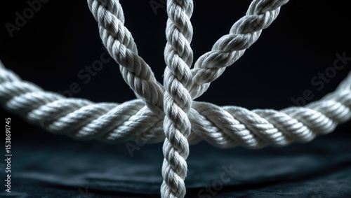 Frayed white rope isolated on black background, close-up of textured material with fraying details.