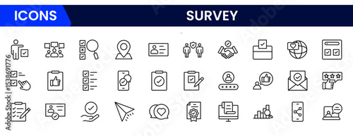 Precise vector web line icons depicting surveys, questionnaires, feedback, data collection, and analytics for insightful decision-making and user engagement.