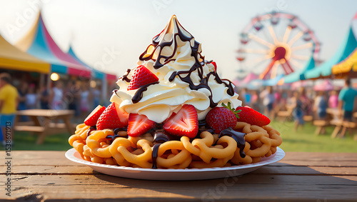 Funnel cake with whipped cream strawberries and chocolate at a carnival
