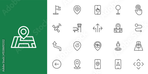 Gps and Navigation line icon set. Containing pin, flag, GPS, destination, direction, distance, place, navigation, route, road line icon set.