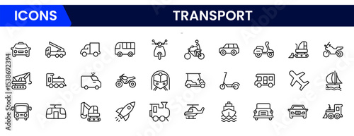 Dynamic vector web line icons depicting transport, vehicles, logistics, travel, and infrastructure for seamless mobility and global connectivity solutions.