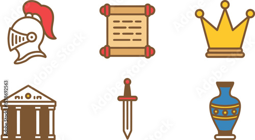 Vector icons of knight helmet scroll crown building sword and vase for game design and illustration editable stock vector illustration