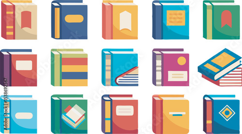 A diverse collection of images showcasing open and closed books from multiple angles, perspectives, and arrangements for creative design use