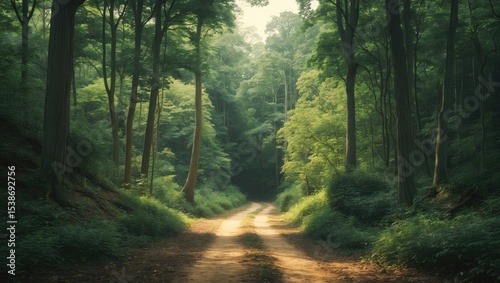 Dirt road within the forest passing through pine trees with lush green foliage. Wild off-road path inside the forest.