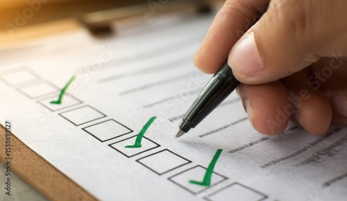 A persons hand holding a pen marks a checklist with green checkmarks