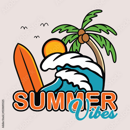 Summer vibes  with surfing board ,the wave and coconut vibes vector design for t shirt badge patch illustration
