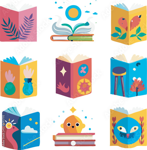 A diverse collection of images showcasing open and closed books from multiple angles, perspectives, and arrangements for creative design use