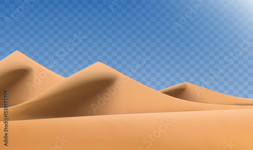 Realistic desert landscape isolated on transparent background. Sandy desert dunes. Vector
