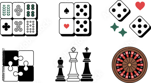Vector illustration of games and gambling icons including mahjong dice chess puzzle and roulette wheel design editable stock vector illustration