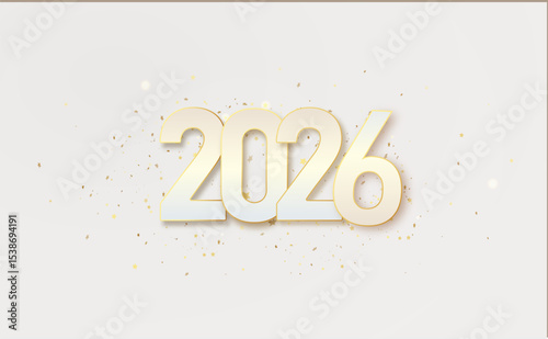 2026 gold metal number for New Year . Festive Christmas banner with falling confetti on bright background. Realistic Golden 3d number. Vector