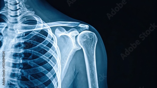 X-ray image showing human shoulder and ribcage structure.
