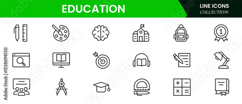 Engaging vector web line icons depicting education, learning, books, digital classrooms, and academic tools for knowledge and skill advancement.