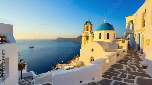 Santorini greece view of white buildings with blue domes overlooking the ocean at sunset time. Blue dome church by the sea. Sunset view from Greek island. Beautiful street in coastal town