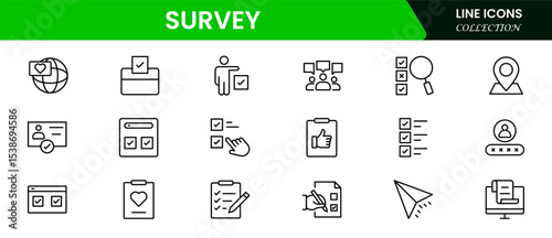 Precise vector web line icons depicting surveys, questionnaires, feedback, data collection, and analytics for insightful decision-making and user engagement.