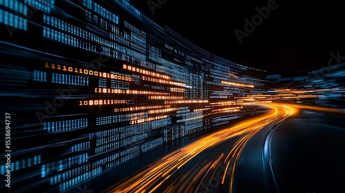 Abstract digital data stream glowing binary code lines curve like a highway at night